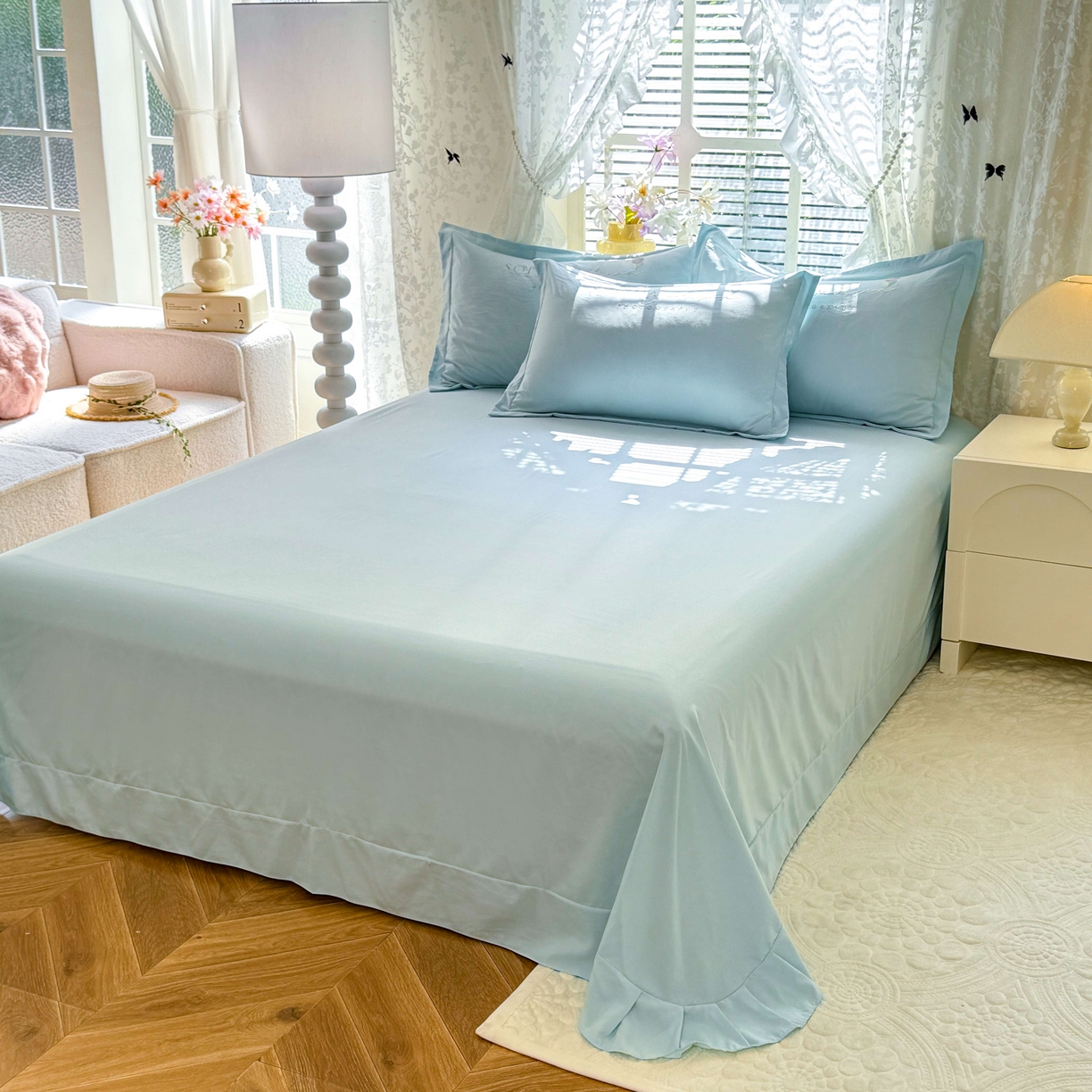 91家纺网 家纺一手货源 找家纺 大麦乐田 2025新款小清新糯小棉立体花绣花吊边四件套 清新恋人-兰