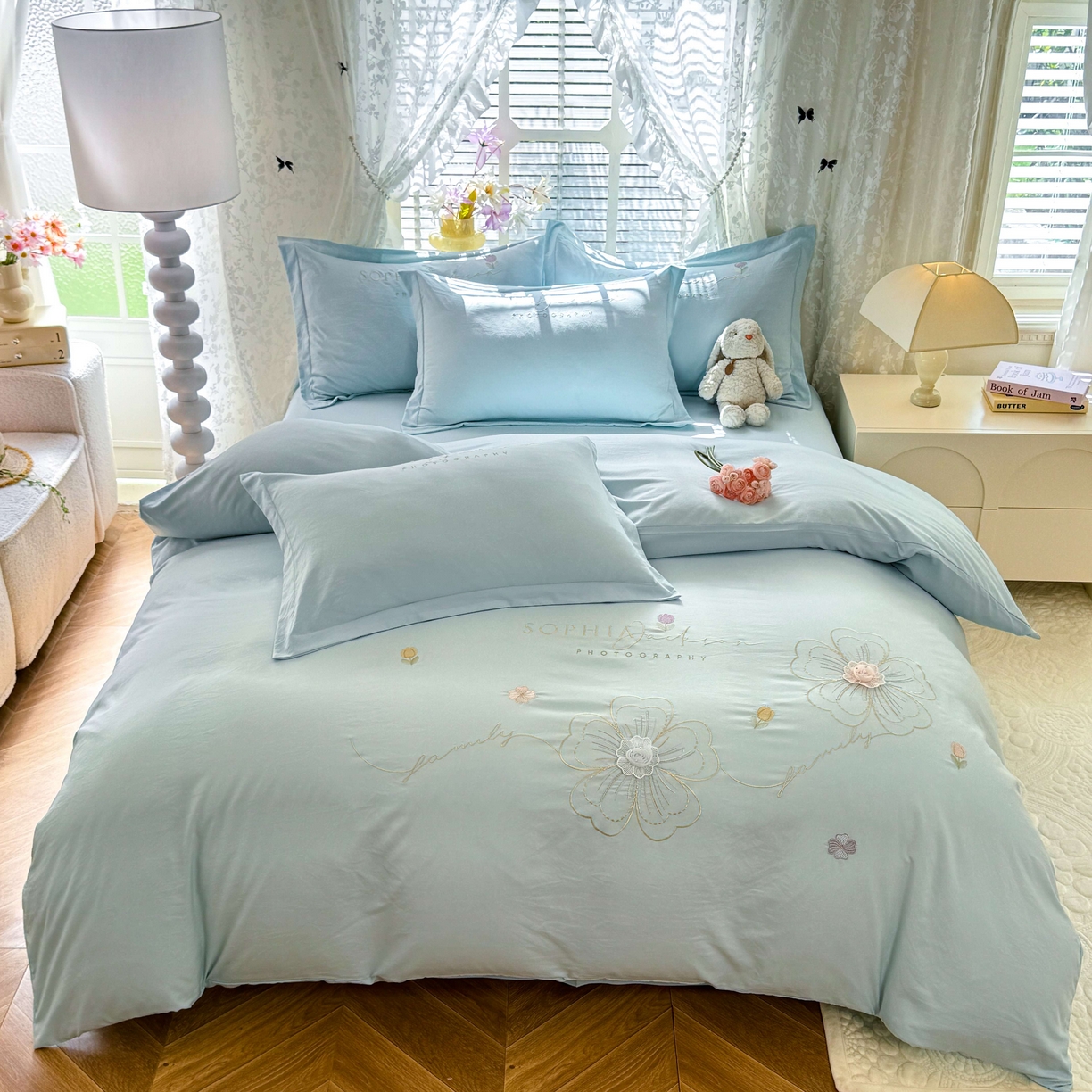 91家纺网 家纺一手货源 找家纺 大麦乐田 2025新款小清新糯小棉立体花绣花吊边四件套 清新恋人-兰