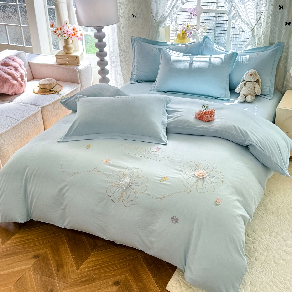 91家纺网 家纺一手货源 找家纺 大麦乐田 2025新款小清新糯小棉立体花绣花吊边四件套 清新恋人-兰