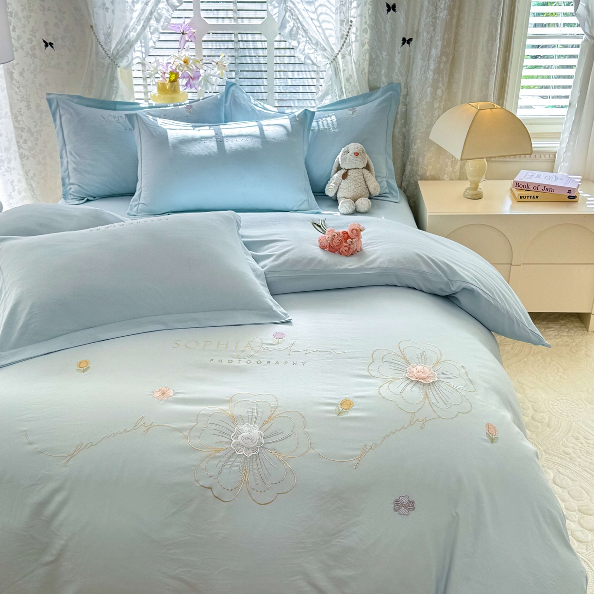 91家纺网 家纺一手货源 找家纺 大麦乐田 2025新款小清新糯小棉立体花绣花吊边四件套 清新恋人-兰