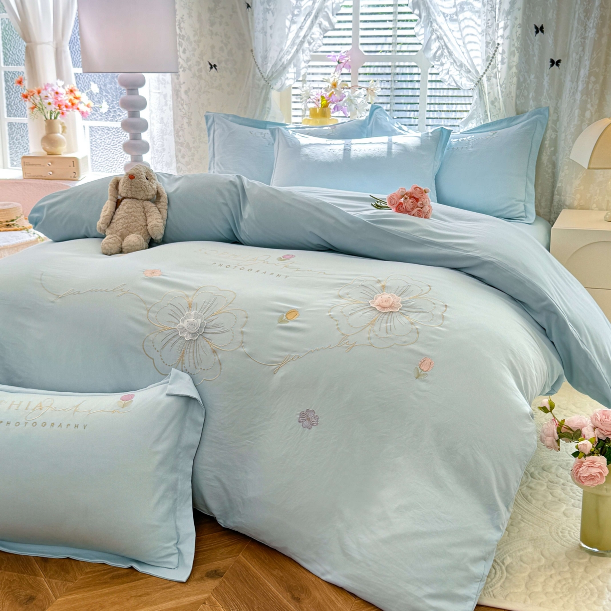 91家纺网 家纺一手货源 找家纺 大麦乐田 2025新款小清新糯小棉立体花绣花吊边四件套 清新恋人-兰