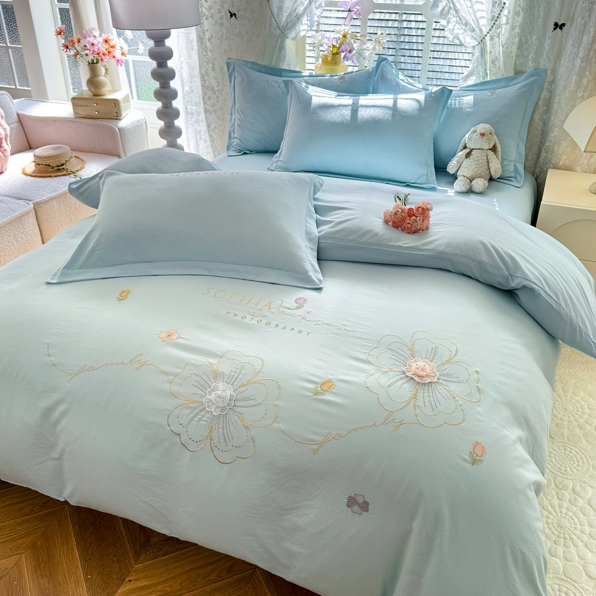 91家纺网 家纺一手货源 找家纺 大麦乐田 2025新款小清新糯小棉立体花绣花吊边四件套 清新恋人-兰