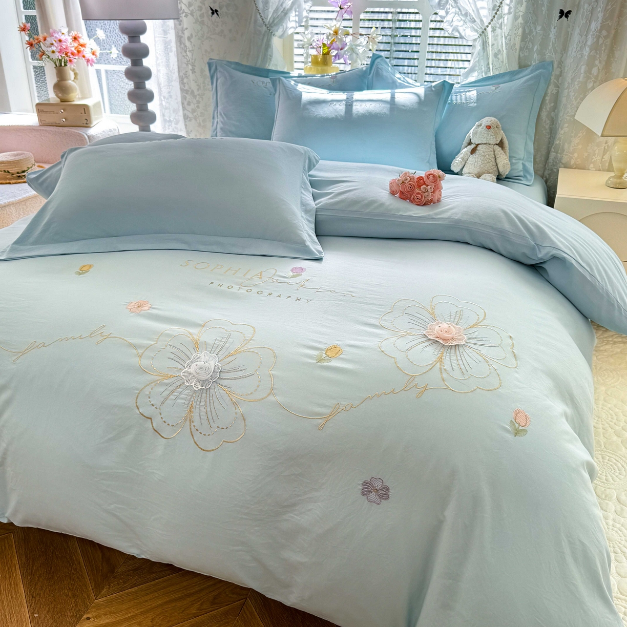 91家纺网 家纺一手货源 找家纺 大麦乐田 2025新款小清新糯小棉立体花绣花吊边四件套 清新恋人-兰