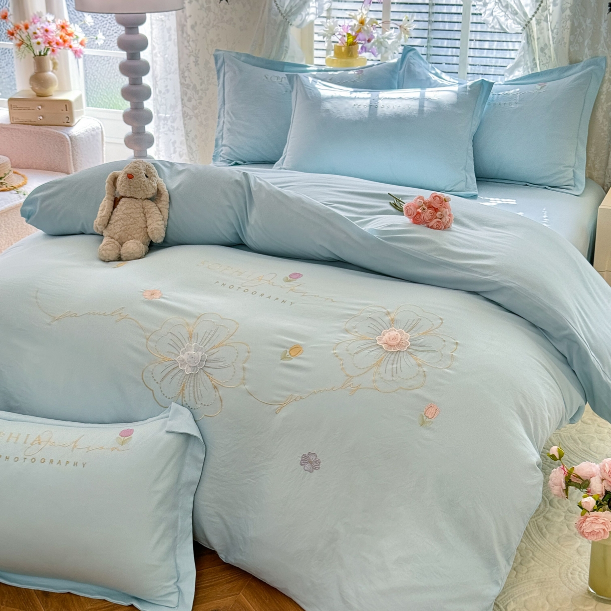 91家纺网 家纺一手货源 找家纺 大麦乐田 2025新款小清新糯小棉立体花绣花吊边四件套 清新恋人-兰