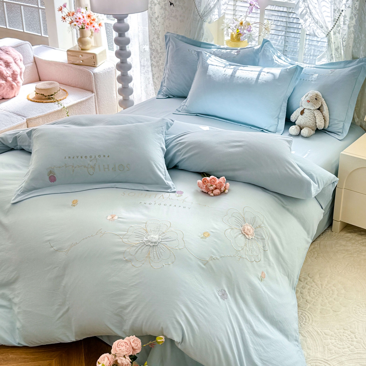 91家纺网 家纺一手货源 找家纺 大麦乐田 2025新款小清新糯小棉立体花绣花吊边四件套 清新恋人-兰