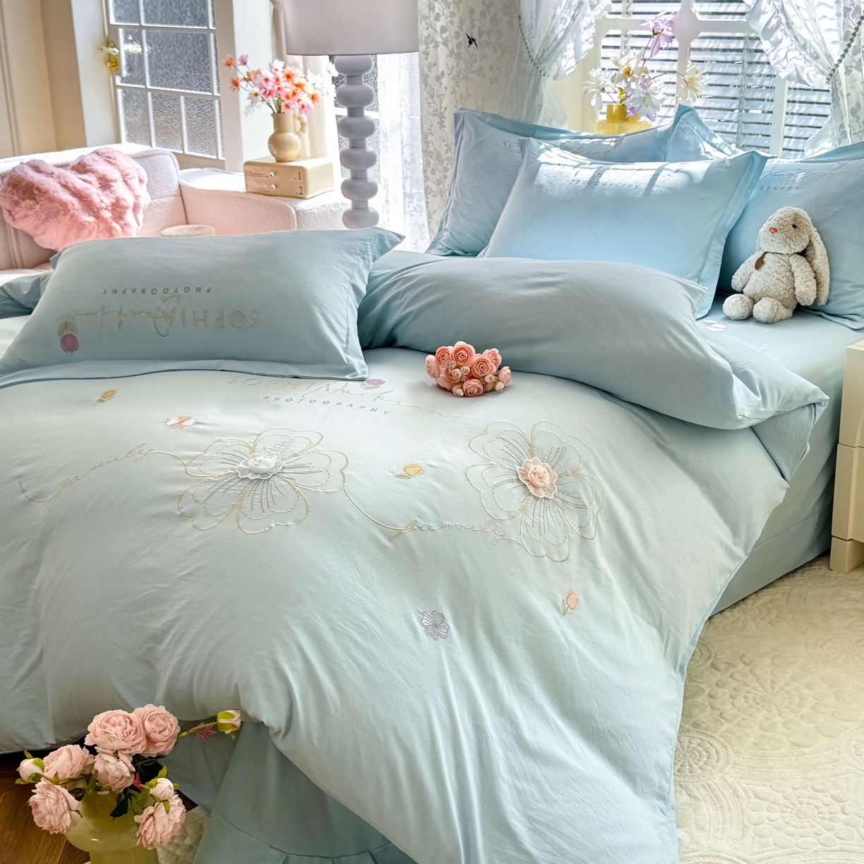 91家纺网 家纺一手货源 找家纺 大麦乐田 2025新款小清新糯小棉立体花绣花吊边四件套 清新恋人-兰