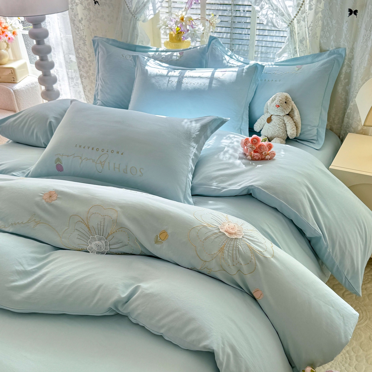 91家纺网 家纺一手货源 找家纺 大麦乐田 2025新款小清新糯小棉立体花绣花吊边四件套 清新恋人-兰