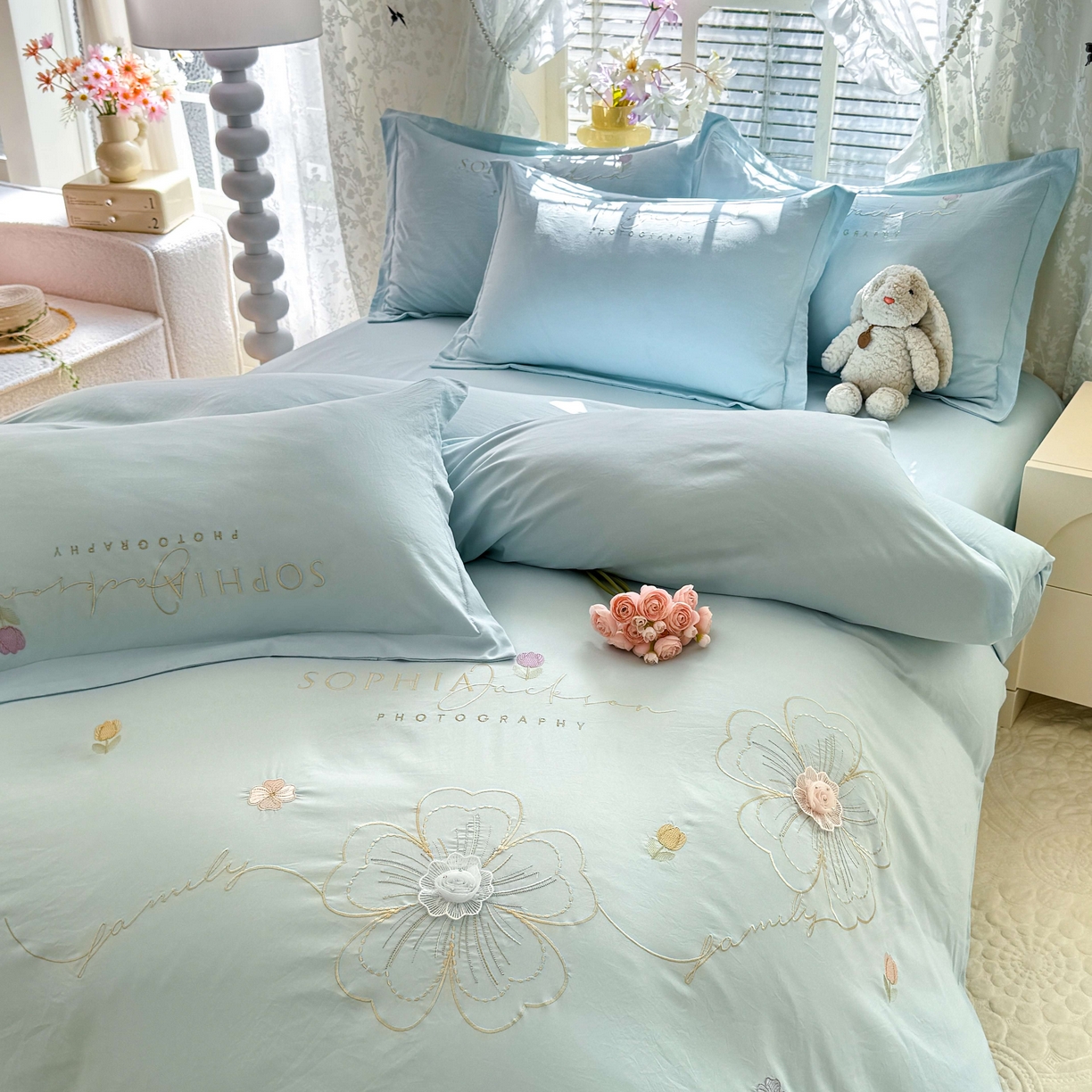 91家纺网 家纺一手货源 找家纺 大麦乐田 2025新款小清新糯小棉立体花绣花吊边四件套 清新恋人-兰