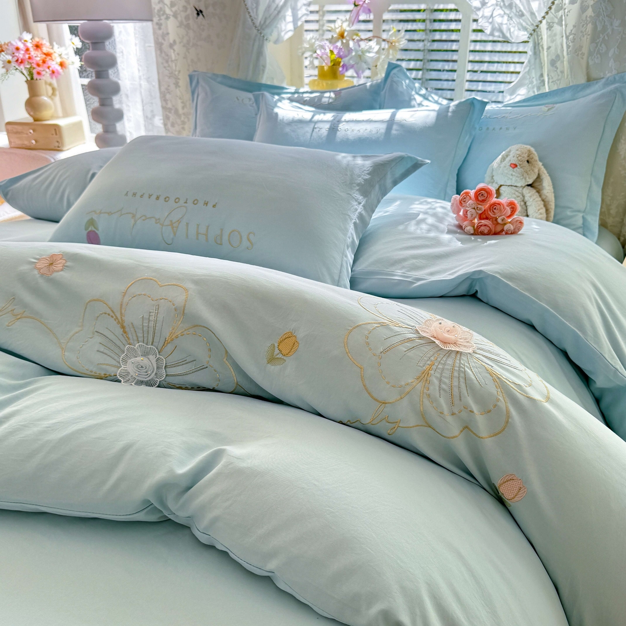 91家纺网 家纺一手货源 找家纺 大麦乐田 2025新款小清新糯小棉立体花绣花吊边四件套 清新恋人-兰