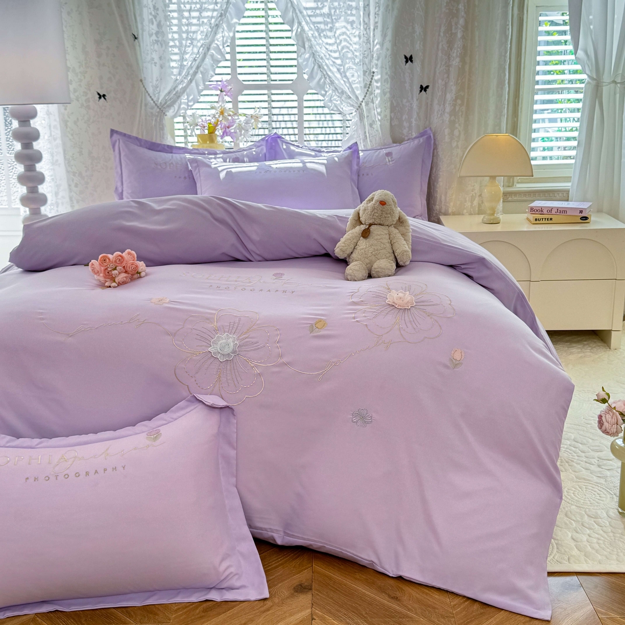 大麦乐田 2025新款小清新糯小棉立体花绣花吊边四件套 清新恋人-紫