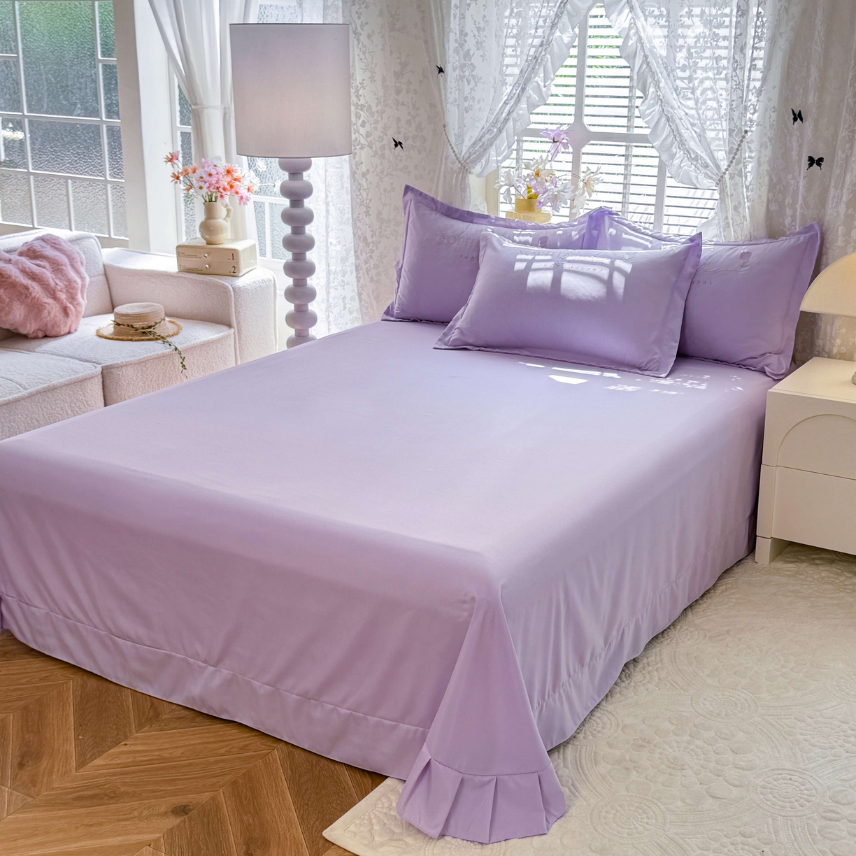 91家纺网 家纺一手货源 找家纺 大麦乐田 2025新款小清新糯小棉立体花绣花吊边四件套 清新恋人-紫