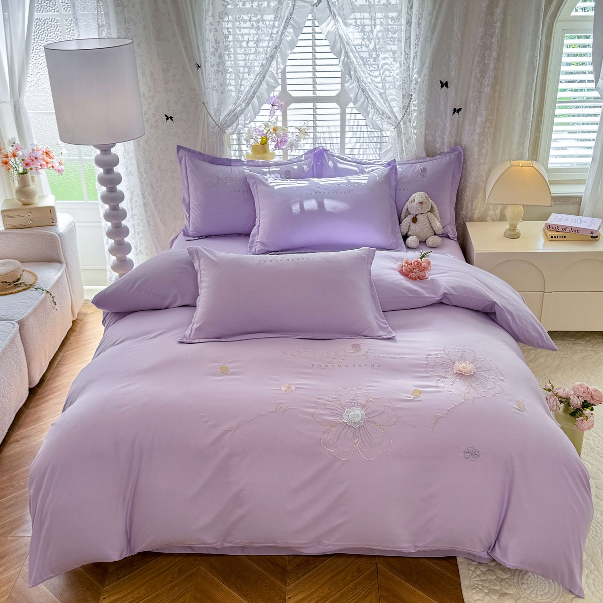 91家纺网 家纺一手货源 找家纺 大麦乐田 2025新款小清新糯小棉立体花绣花吊边四件套 清新恋人-紫