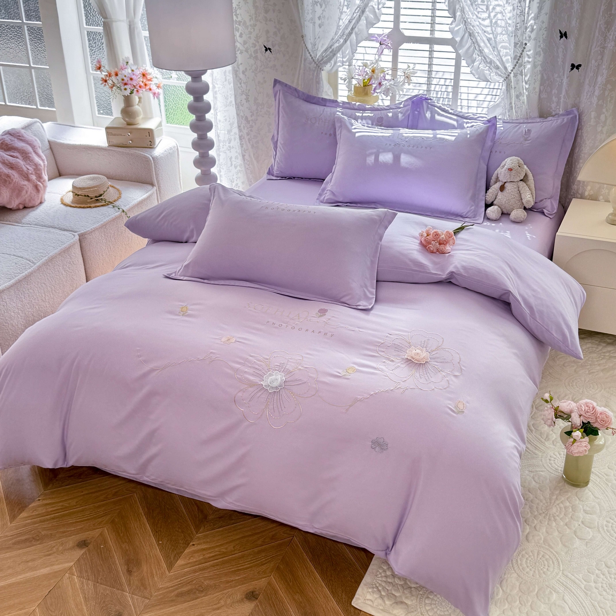 91家纺网 家纺一手货源 找家纺 大麦乐田 2025新款小清新糯小棉立体花绣花吊边四件套 清新恋人-紫