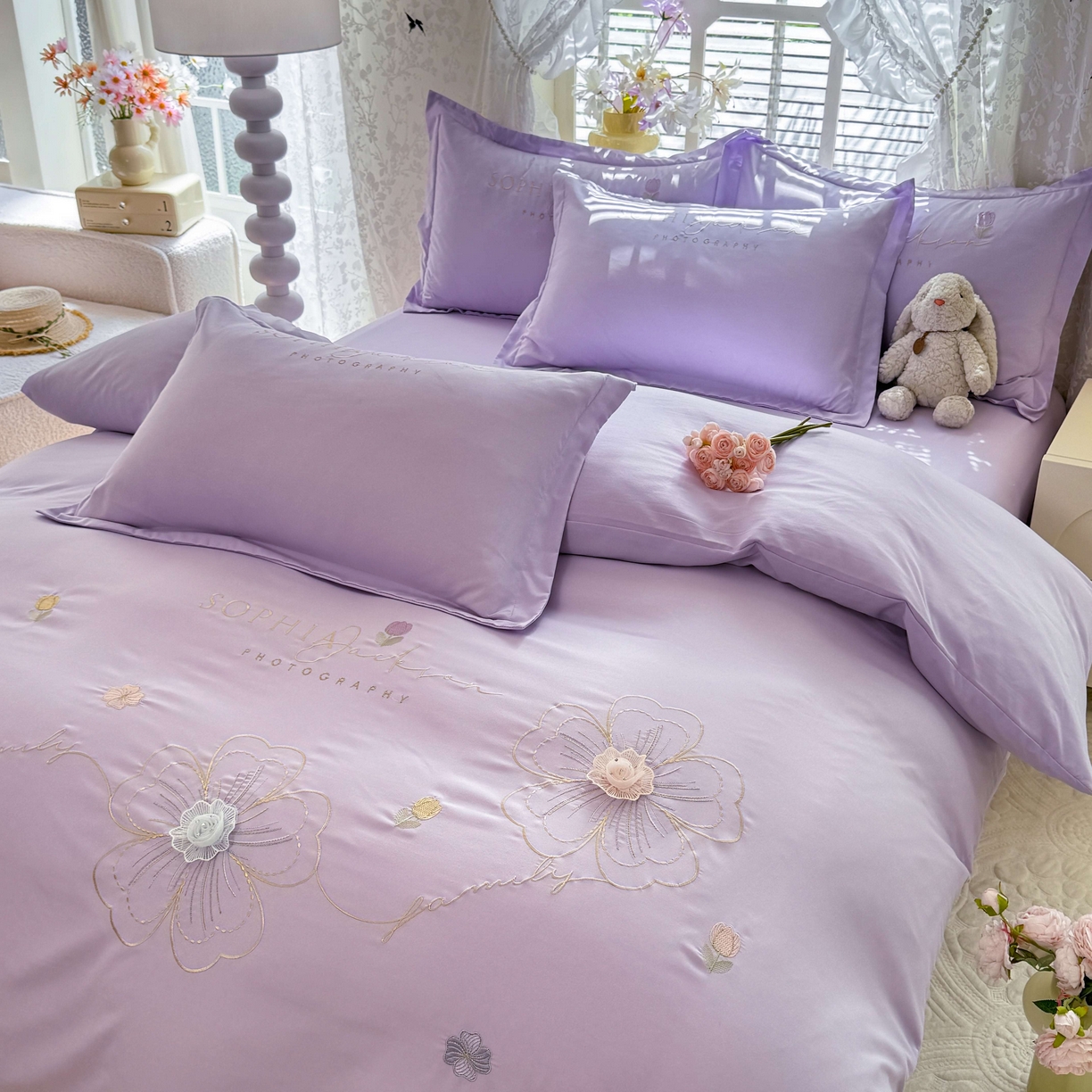 91家纺网 家纺一手货源 找家纺 大麦乐田 2025新款小清新糯小棉立体花绣花吊边四件套 清新恋人-紫