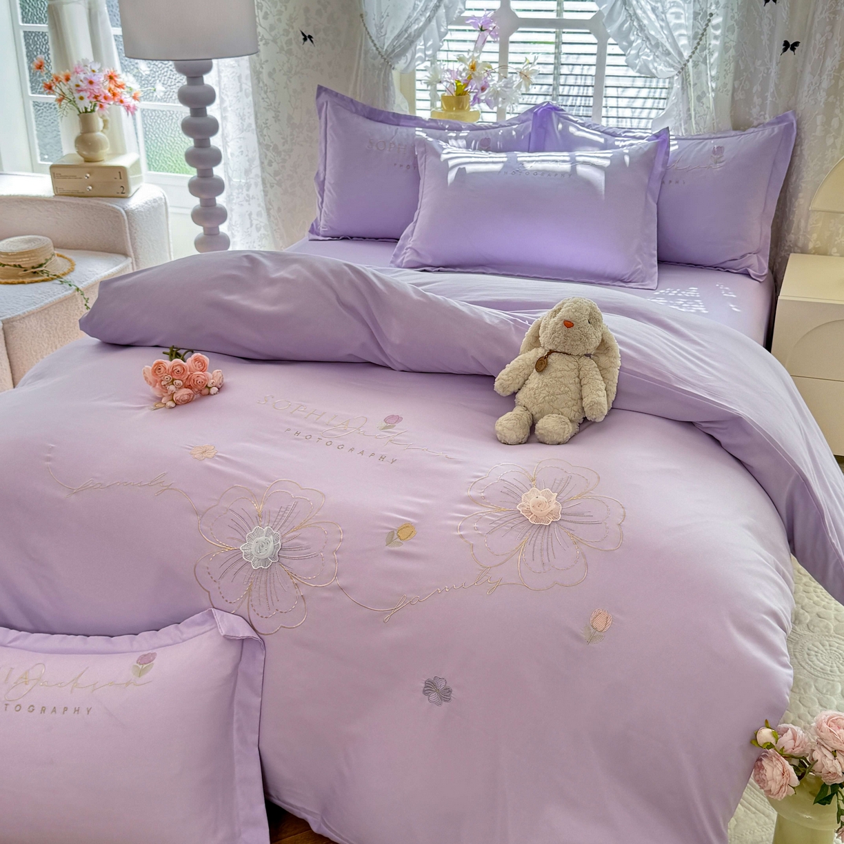 91家纺网 家纺一手货源 找家纺 大麦乐田 2025新款小清新糯小棉立体花绣花吊边四件套 清新恋人-紫