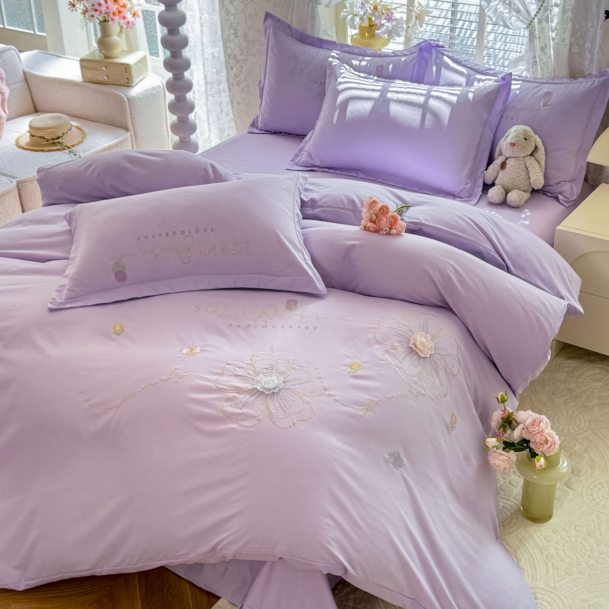 91家纺网 家纺一手货源 找家纺 大麦乐田 2025新款小清新糯小棉立体花绣花吊边四件套 清新恋人-紫