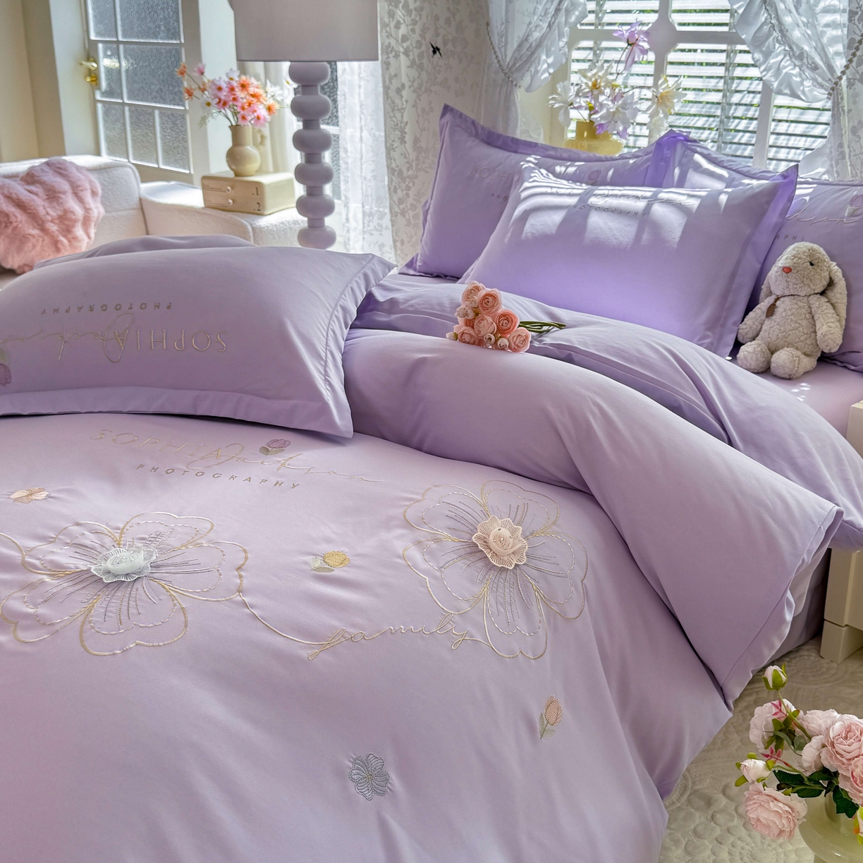 91家纺网 家纺一手货源 找家纺 大麦乐田 2025新款小清新糯小棉立体花绣花吊边四件套 清新恋人-紫