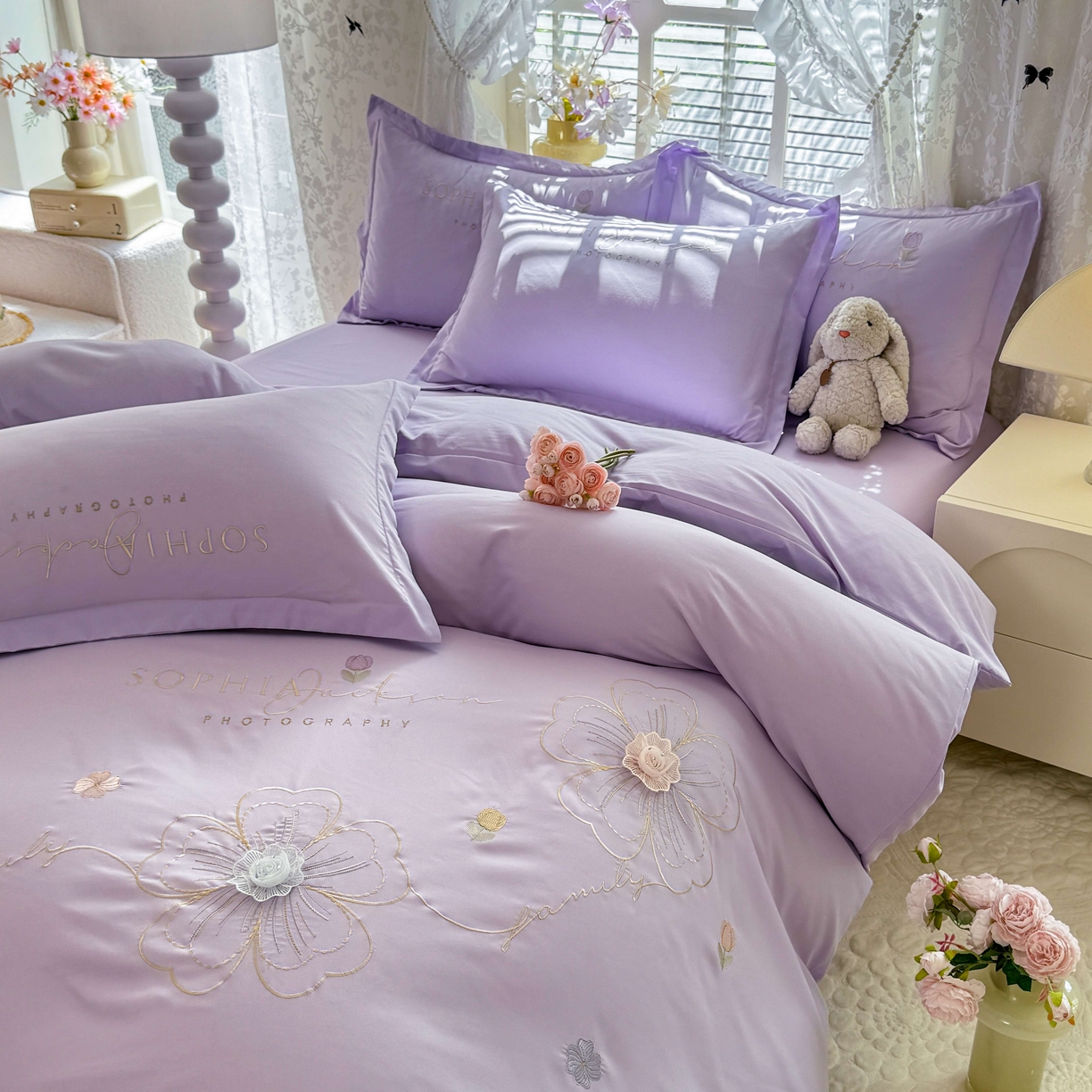 91家纺网 家纺一手货源 找家纺 大麦乐田 2025新款小清新糯小棉立体花绣花吊边四件套 清新恋人-紫