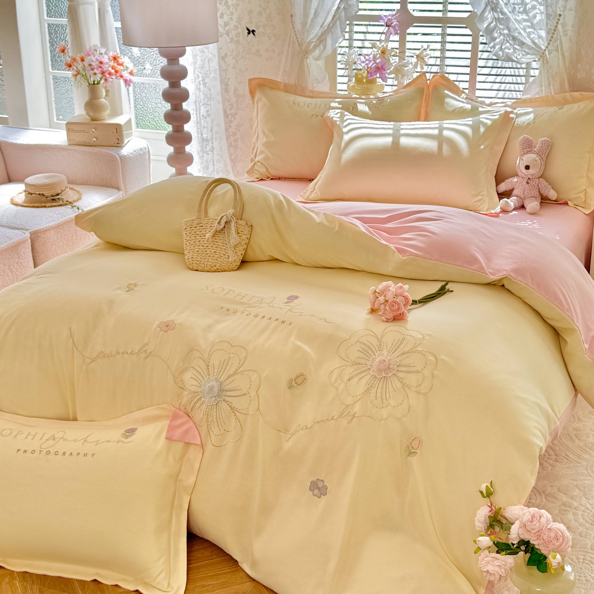 91家纺网 家纺一手货源 找家纺 大麦乐田 2025新款小清新糯小棉立体花绣花吊边四件套 清新恋人-黄