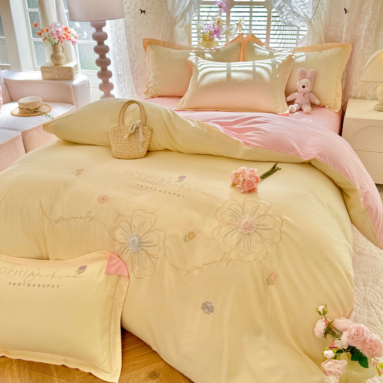 91家纺网 家纺一手货源 找家纺 大麦乐田 2025新款小清新糯小棉立体花绣花吊边四件套 清新恋人-黄