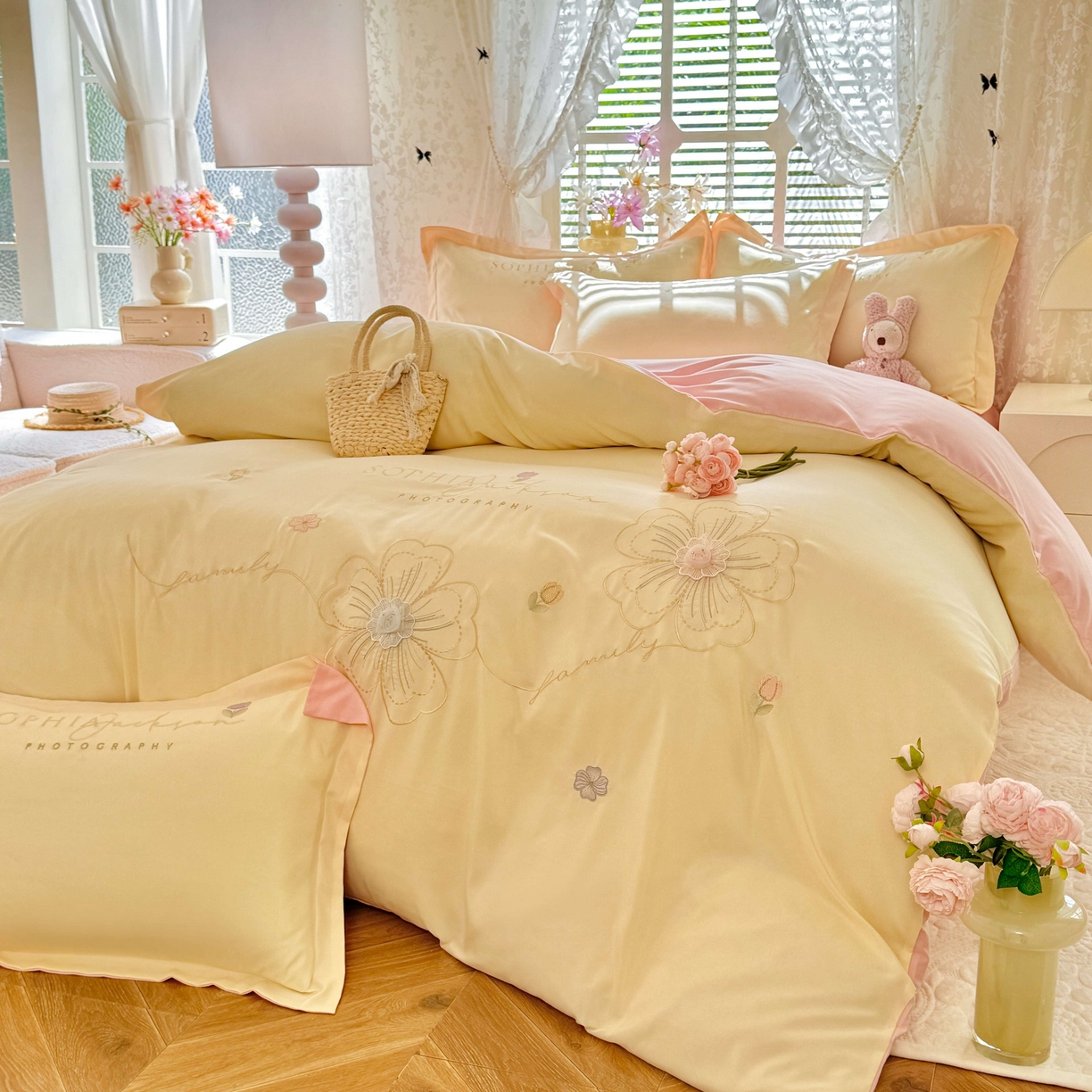 91家纺网 家纺一手货源 找家纺 大麦乐田 2025新款小清新糯小棉立体花绣花吊边四件套 清新恋人-黄