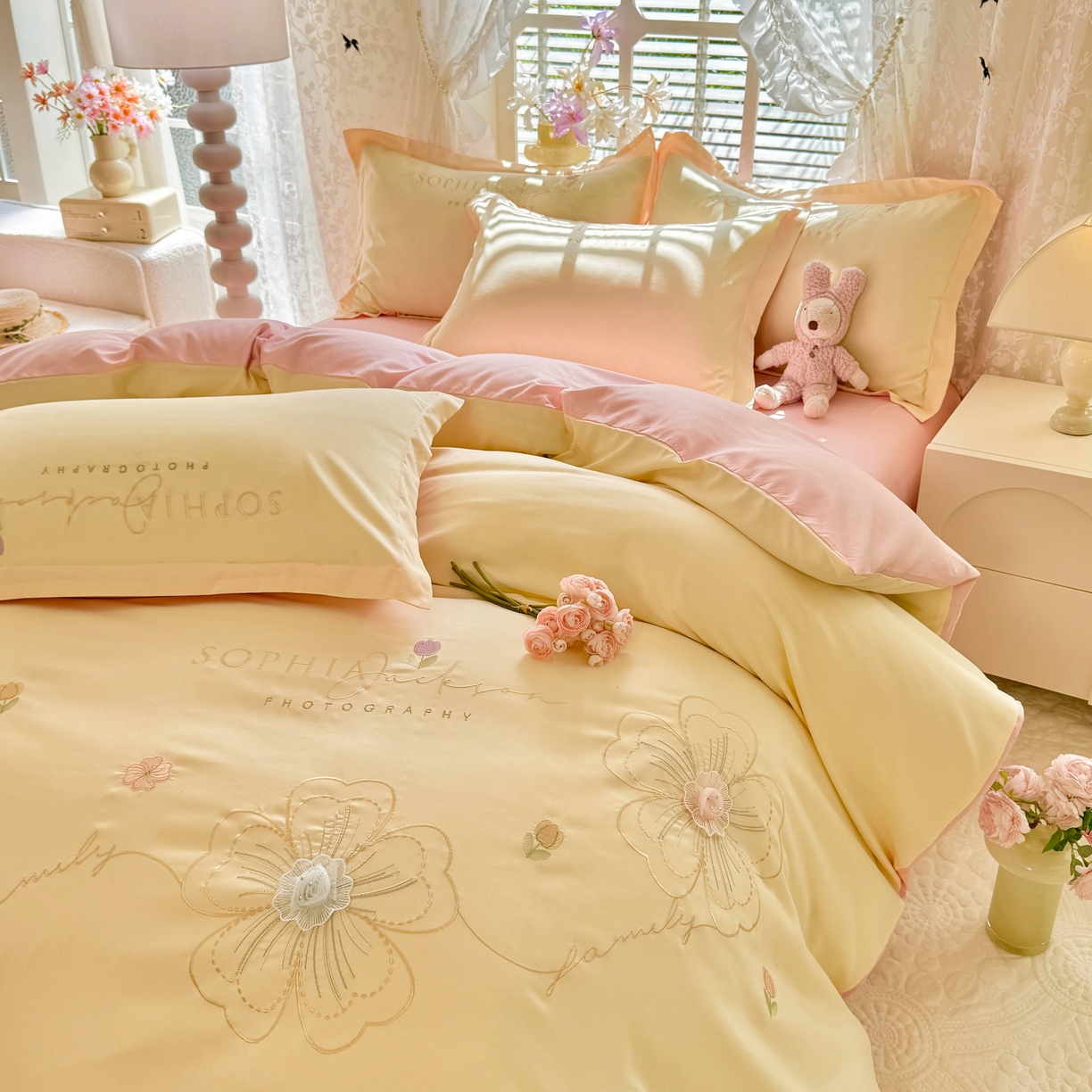 91家纺网 家纺一手货源 找家纺 大麦乐田 2025新款小清新糯小棉立体花绣花吊边四件套 清新恋人-黄