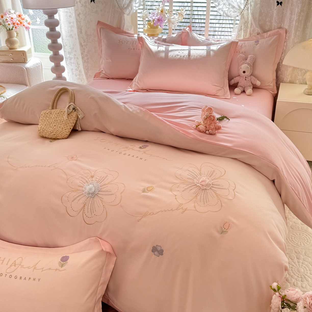 91家纺网 家纺一手货源 找家纺 大麦乐田 2025新款小清新糯小棉立体花绣花吊边四件套 清新恋人-粉玉