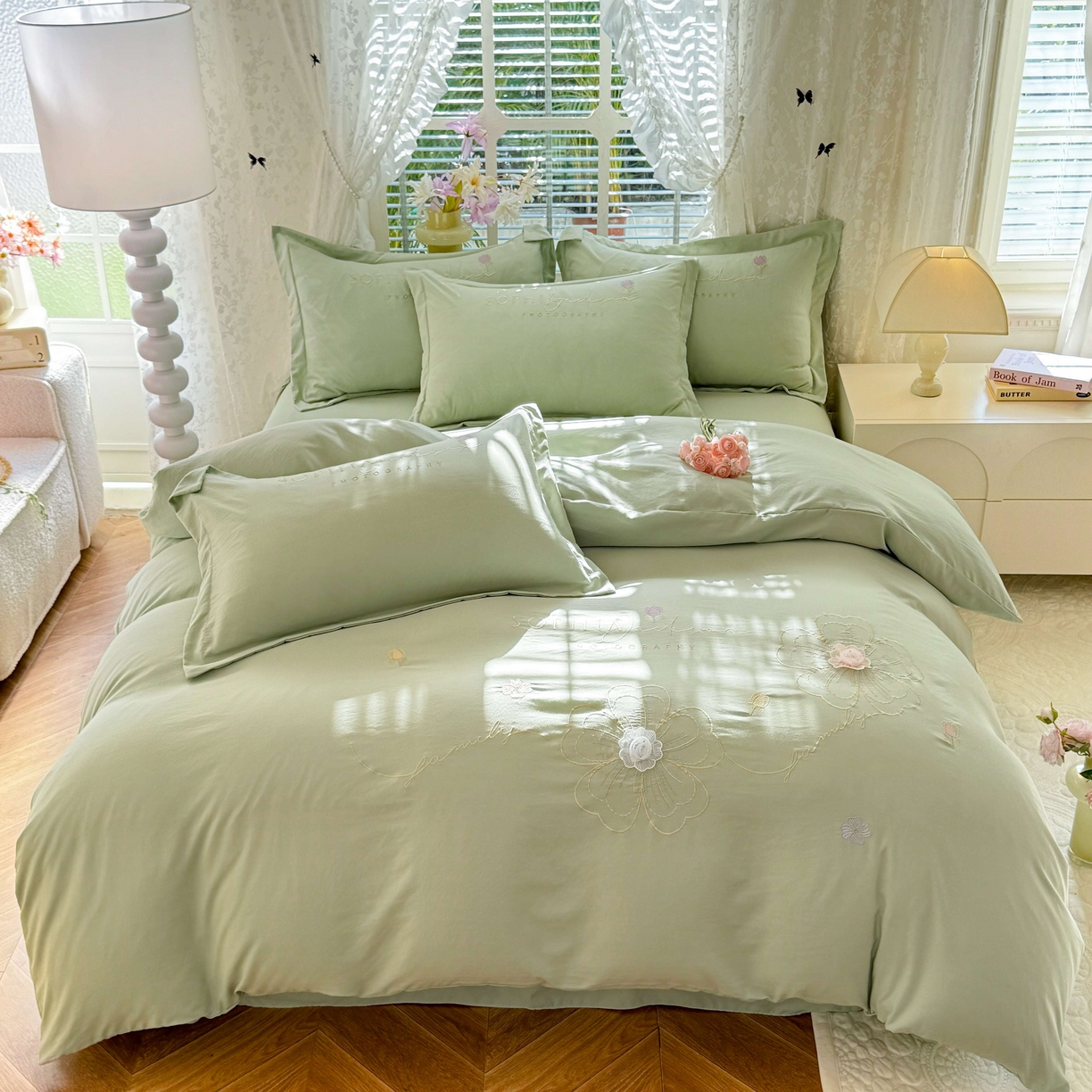 91家纺网 家纺一手货源 找家纺 大麦乐田 2025新款小清新糯小棉立体花绣花吊边四件套 清新恋人-绿