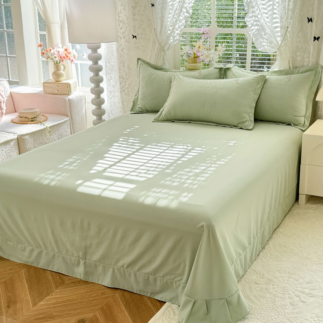 91家纺网 家纺一手货源 找家纺 大麦乐田 2025新款小清新糯小棉立体花绣花吊边四件套 清新恋人-绿