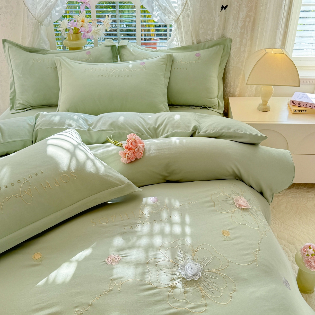 91家纺网 家纺一手货源 找家纺 大麦乐田 2025新款小清新糯小棉立体花绣花吊边四件套 清新恋人-绿