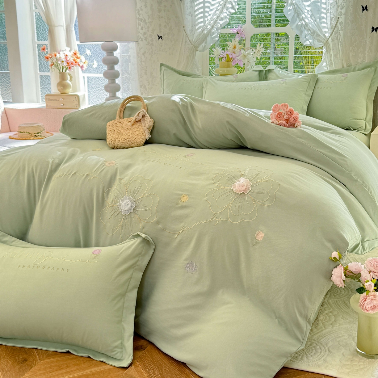 91家纺网 家纺一手货源 找家纺 大麦乐田 2025新款小清新糯小棉立体花绣花吊边四件套 清新恋人-绿