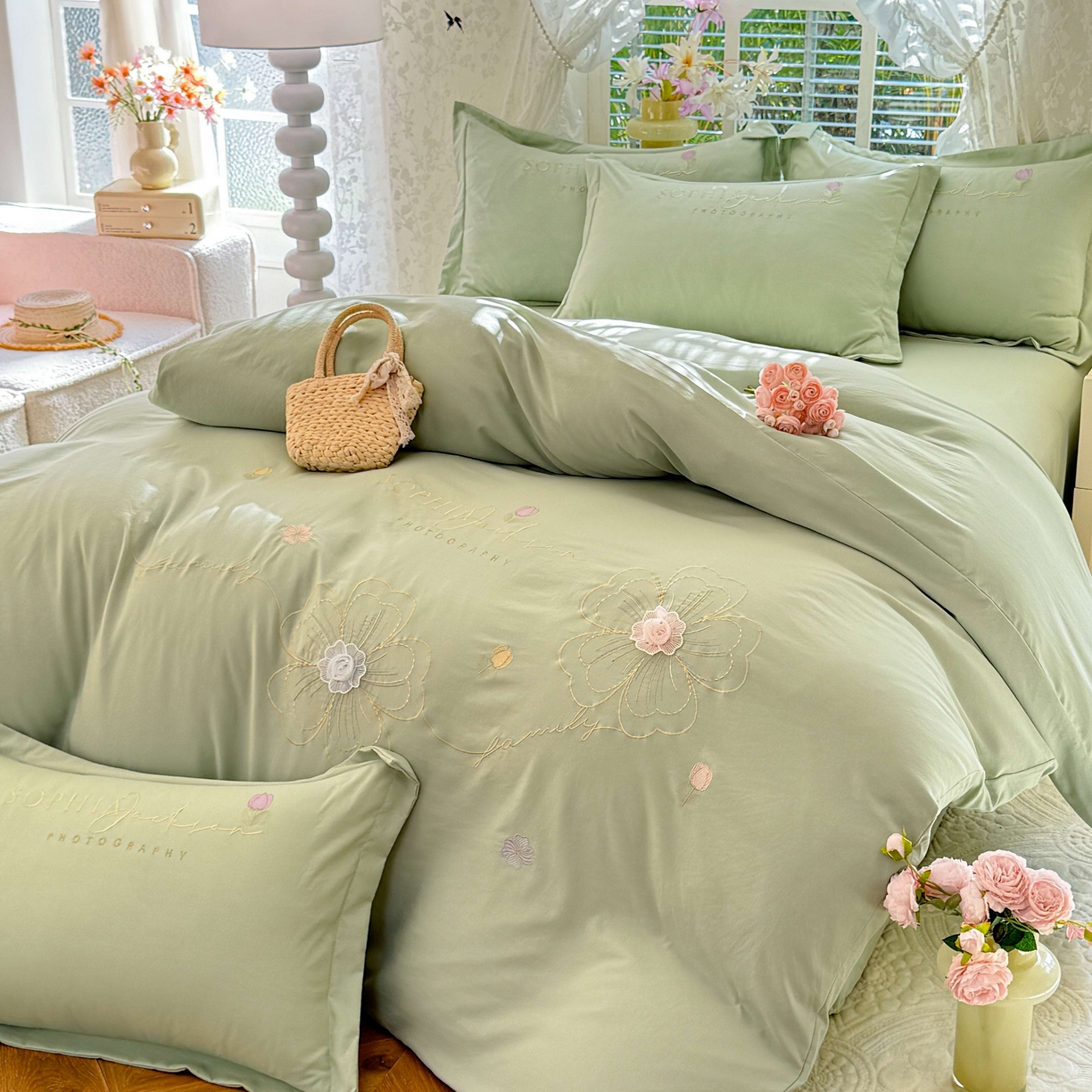 91家纺网 家纺一手货源 找家纺 大麦乐田 2025新款小清新糯小棉立体花绣花吊边四件套 清新恋人-绿