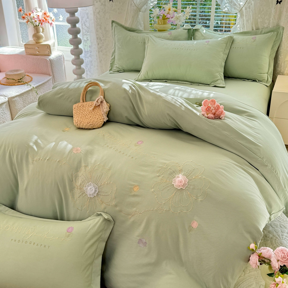 91家纺网 家纺一手货源 找家纺 大麦乐田 2025新款小清新糯小棉立体花绣花吊边四件套 清新恋人-绿