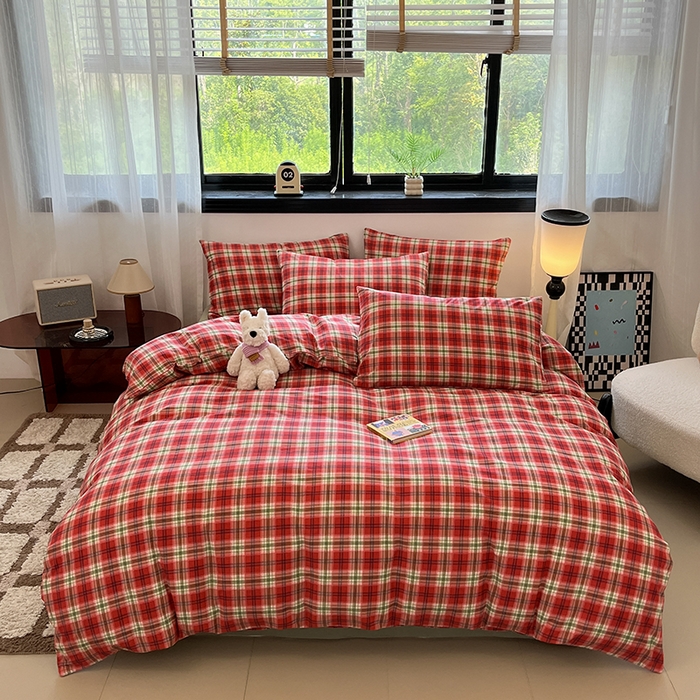 91家纺网 家纺一手货源 找家纺 吉象家纺 2025新款全棉纯棉加厚磨毛印花四件套 艾伦红格