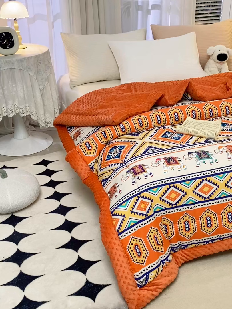 91家纺网 家纺一手货源 找家纺 锦鹭被业 2025新款AB版舒适全棉纯棉豆豆绒被被子被芯 吉祥如意