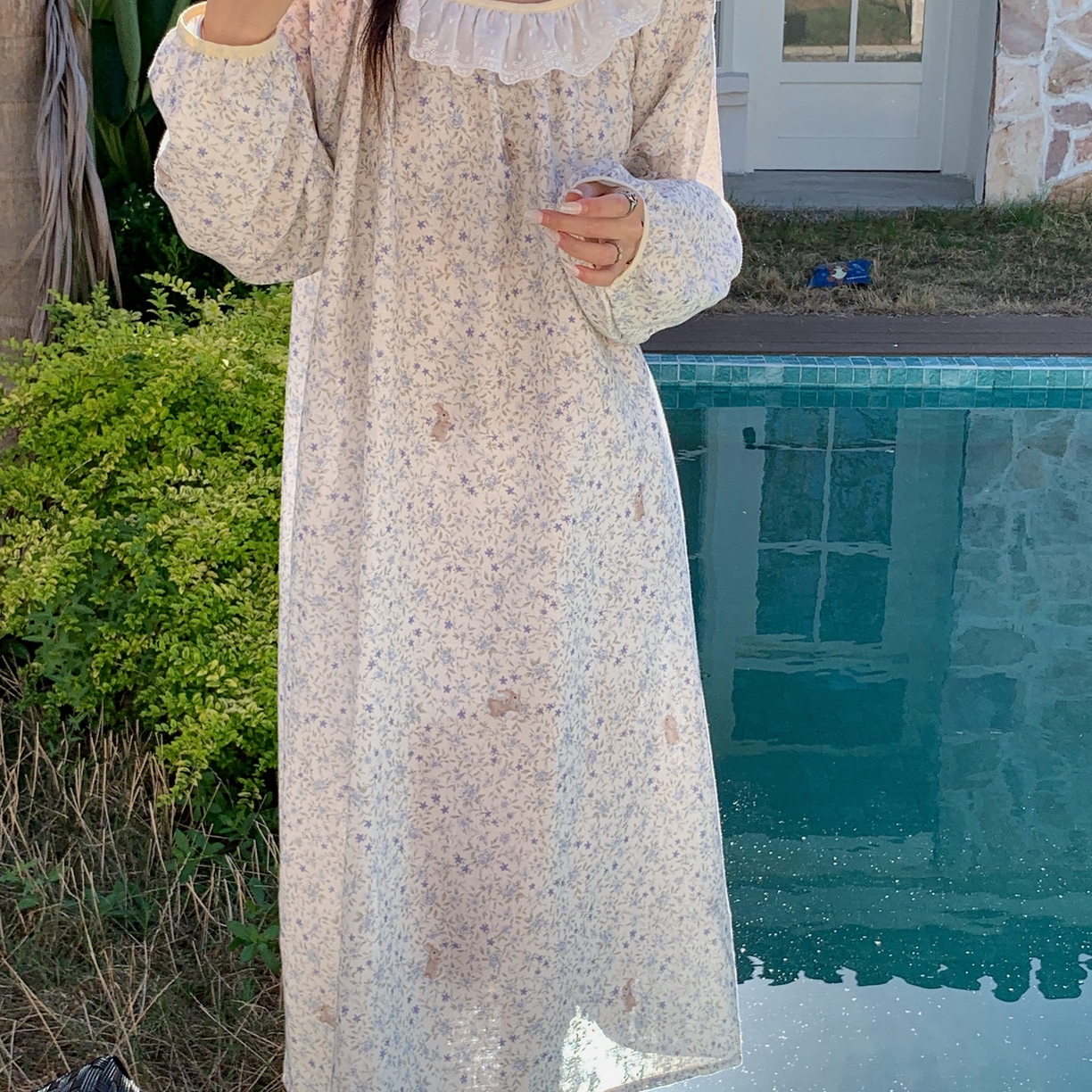 91家纺网 家纺一手货源 找家纺 纽约生活 2025新款有氧纱蕾丝长袖裙（会员-5） 蓝花兔