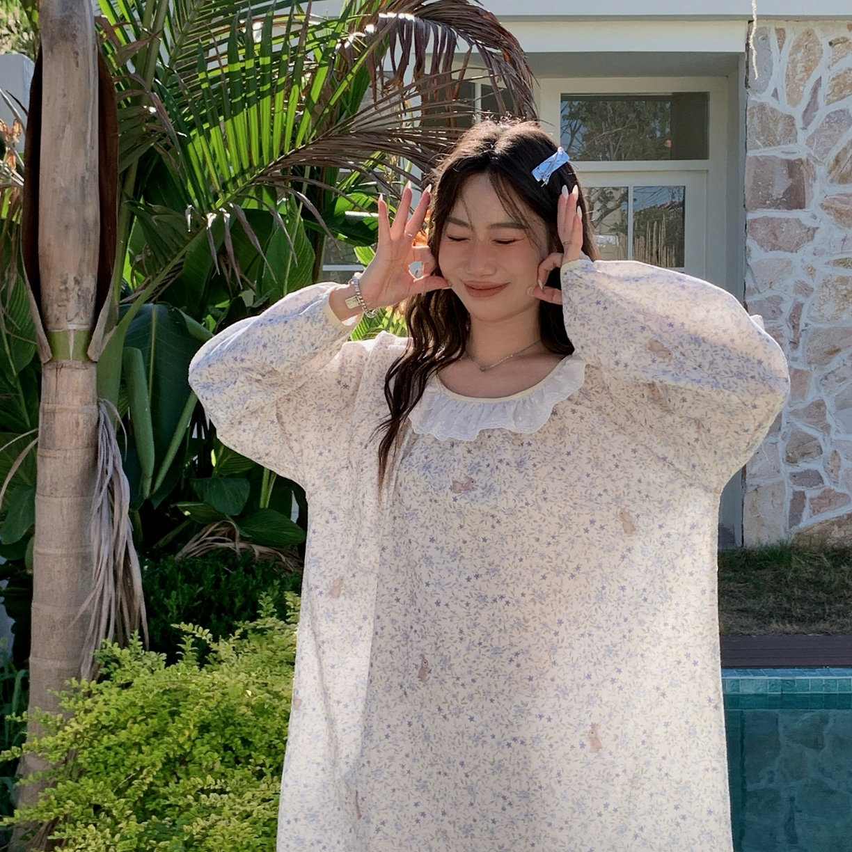 91家纺网 家纺一手货源 找家纺 纽约生活 2025新款有氧纱蕾丝长袖裙（会员-5） 蓝花兔