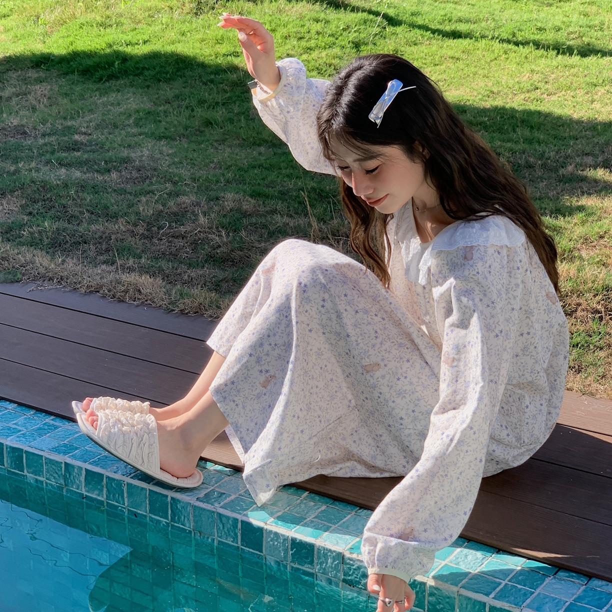 91家纺网 家纺一手货源 找家纺 纽约生活 2025新款有氧纱蕾丝长袖裙（会员-5） 蓝花兔