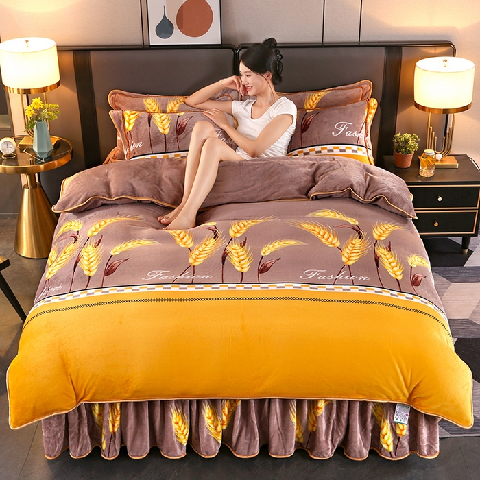 91家纺网 家纺一手货源 找家纺 望淮 2025新款230g印花金貂绒牛奶绒四件套 麦穗