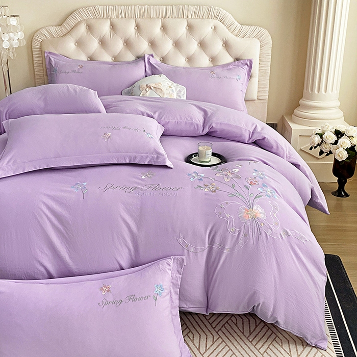 91家纺网 家纺一手货源 找家纺 大麦乐田 2025新款糯小棉立体绣花吊边四件套-手捧花 手捧花 浅紫