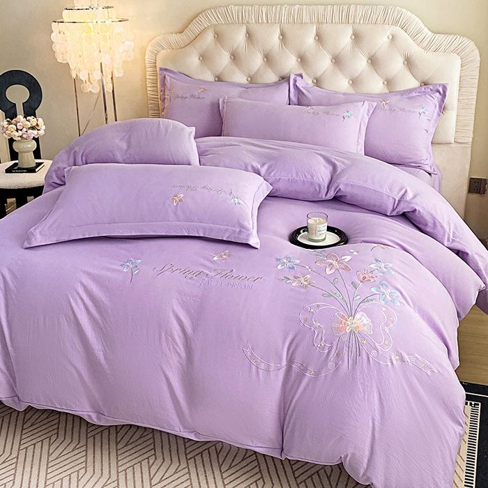 91家纺网 家纺一手货源 找家纺 大麦乐田 2025新款糯小棉立体绣花吊边四件套-手捧花 手捧花 浅紫