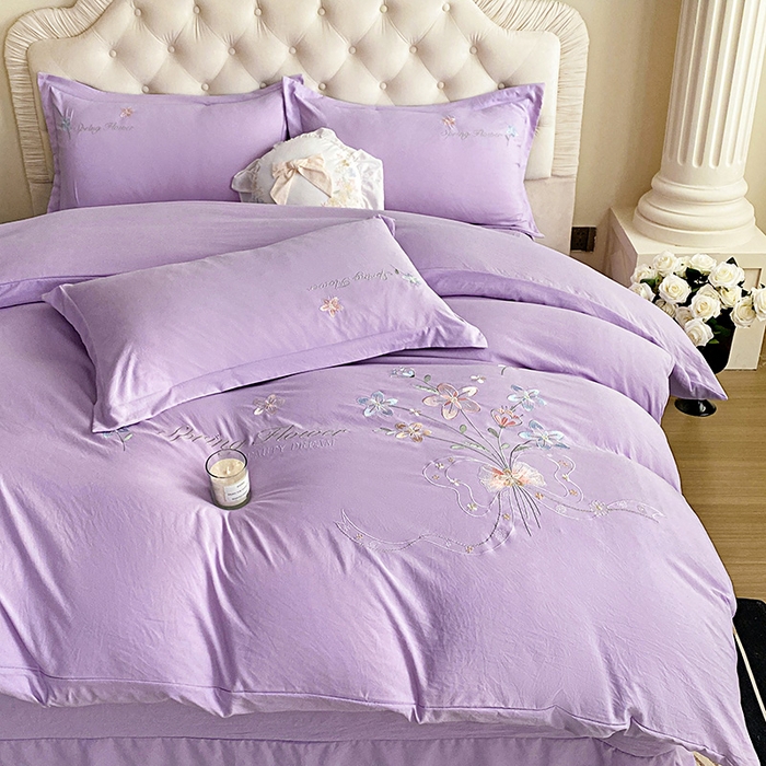 91家纺网 家纺一手货源 找家纺 大麦乐田 2025新款糯小棉立体绣花吊边四件套-手捧花 手捧花 浅紫