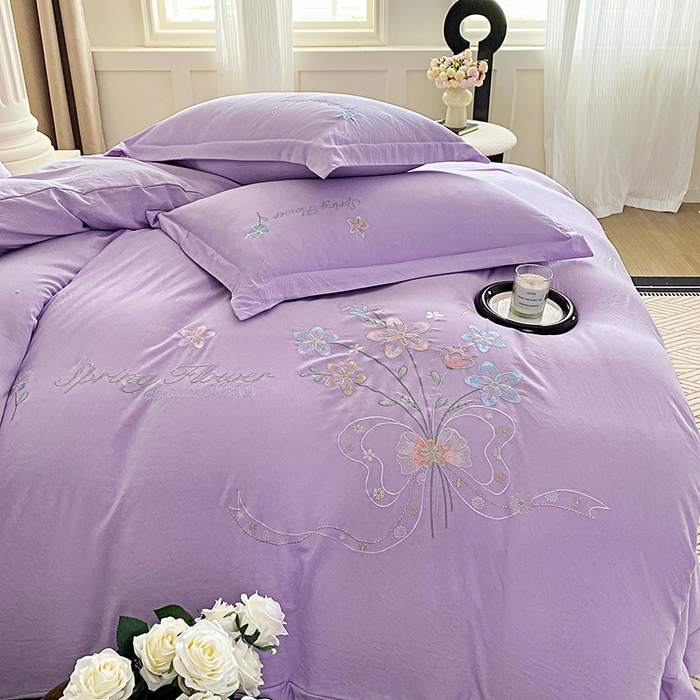 91家纺网 家纺一手货源 找家纺 大麦乐田 2025新款糯小棉立体绣花吊边四件套-手捧花 手捧花 浅紫