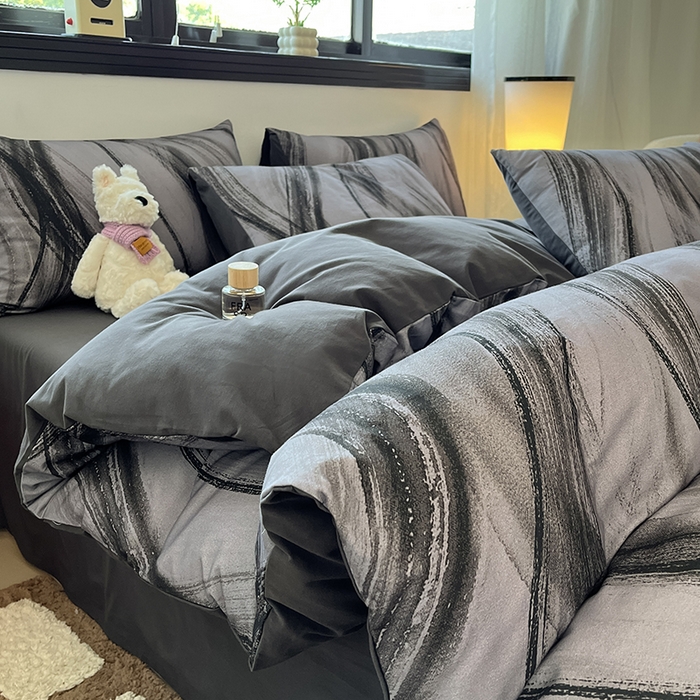 吉象家纺 2025新款全棉纯棉加厚磨毛印花四件套 幻影黑