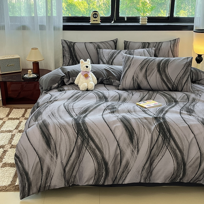 91家纺网 家纺一手货源 找家纺 吉象家纺 2025新款全棉纯棉加厚磨毛印花四件套 幻影黑