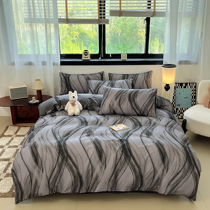 91家纺网 家纺一手货源 找家纺 吉象家纺 2025新款全棉纯棉加厚磨毛印花四件套 幻影黑