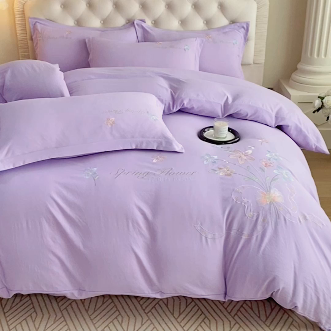 91家纺网 家纺一手货源 找家纺 大麦乐田 2025新款糯小棉立体绣花吊边四件套-手捧花 手捧花 浅紫