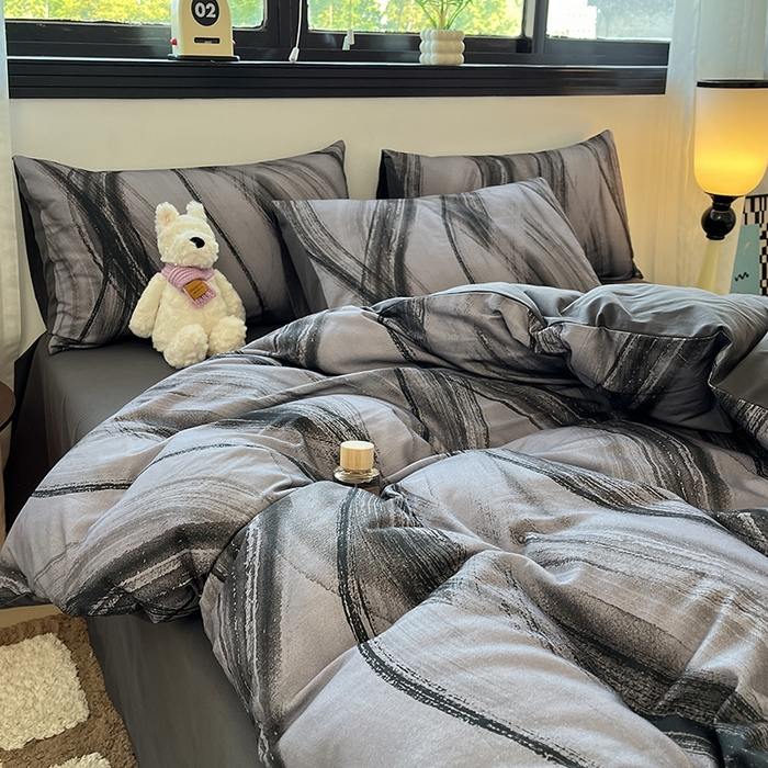 91家纺网 家纺一手货源 找家纺 吉象家纺 2025新款全棉纯棉加厚磨毛印花四件套 幻影黑