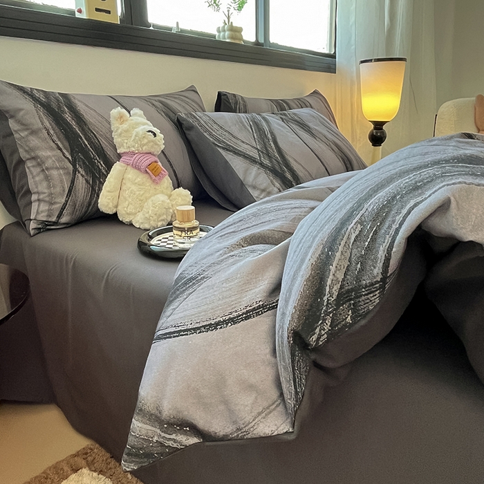 91家纺网 家纺一手货源 找家纺 吉象家纺 2025新款全棉纯棉加厚磨毛印花四件套 幻影黑