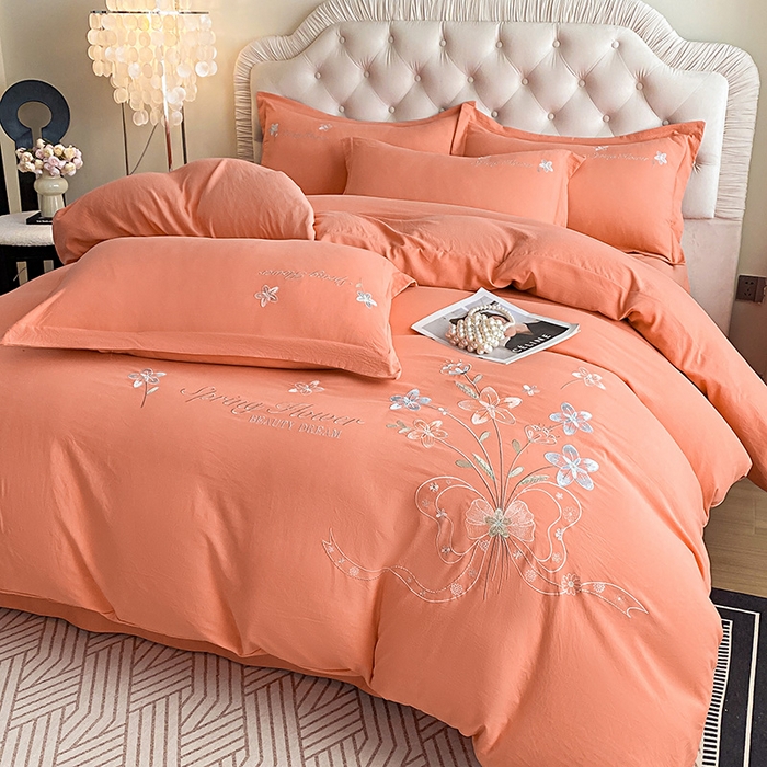 91家纺网 家纺一手货源 找家纺 大麦乐田 2025新款糯小棉立体绣花吊边四件套-手捧花 手捧花 桔色